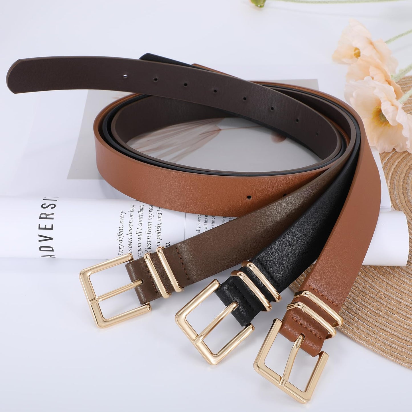 SANSTHS 3 PACK Women Leather Belts for Jeans Pants Dresses Fashion Ladies Waist Belt with Gold Square Buckle,Black Brown Coffee,S