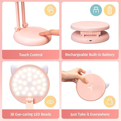 One Fire Cute Desk Lamp Pink Dorm Lamps for College Girls Foldable Portable Rechargeable Dimmable Cute Cat Lamp Kawaii Room Decor,College Dorm Decor for Girls Pink Classroom Essentials