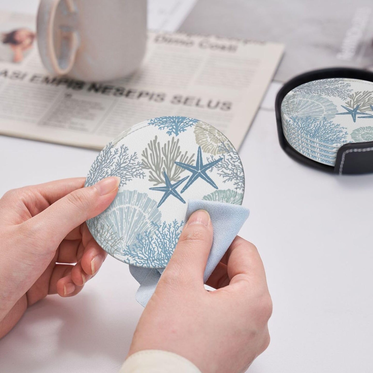 Nautical Sea Shell Star Coral Coastal Coasters for Drinks Round Leather Coaster with Holder Set of 6 for Tabletop Protection Desk Accessories Office Home Room Decor