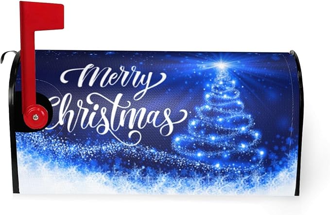 Mailbox Covers Merry Christmas Blue Snow Tree Magnetic Letter Post Box Cover Standard Size 25.5 x 21 Inch Garden Yard Home Decorative