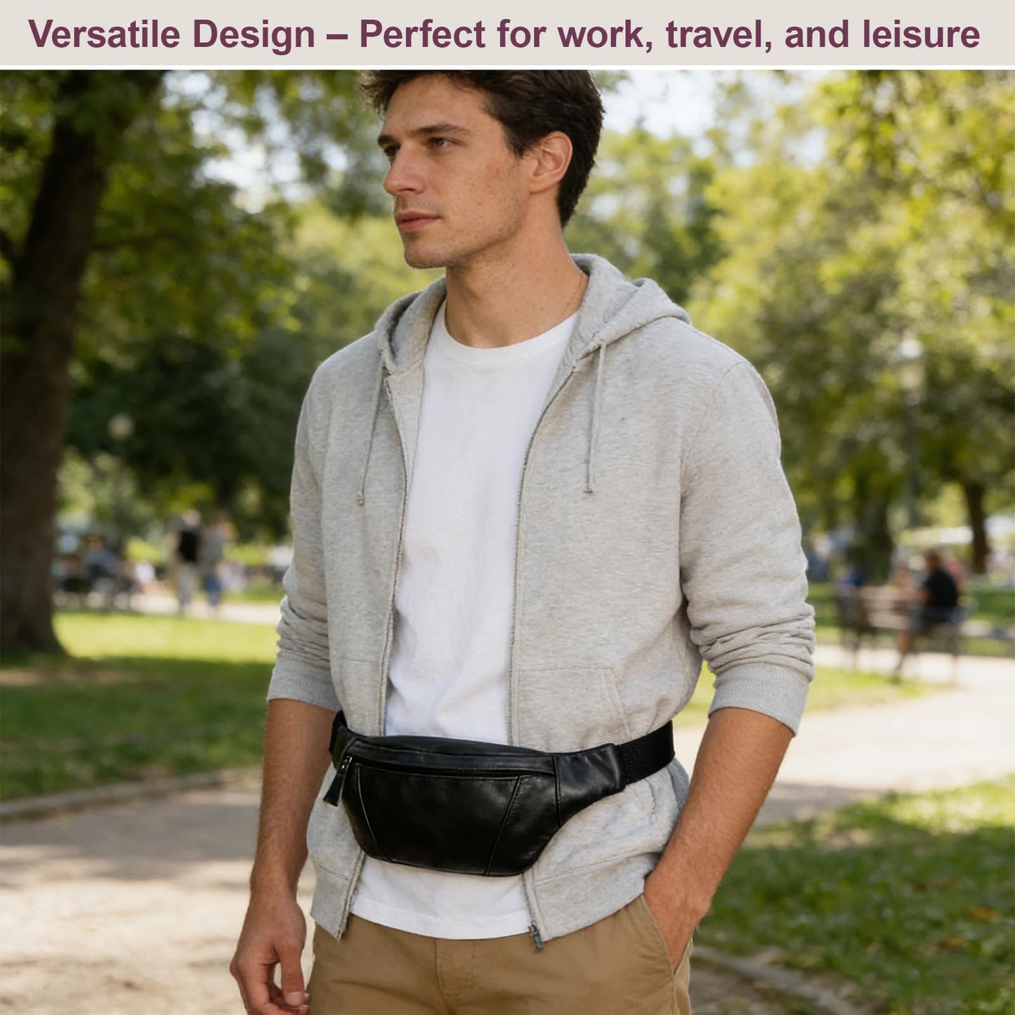Yevabo Genuine Leather Waist Bag for Men Women, Fanny Pack with Multi-Pockets, Adjustable Strap for Travel, Hiking & Daily Use, Black
