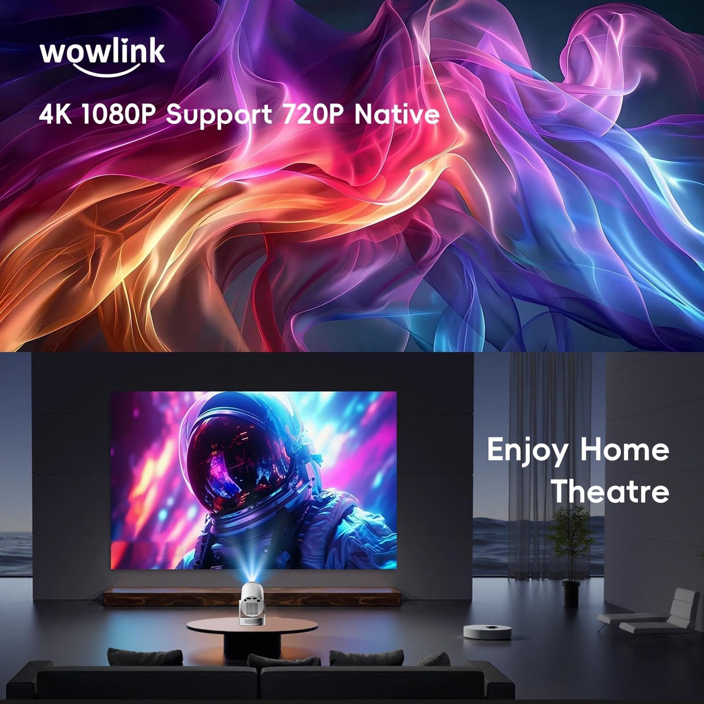 [Built-in Apps & 2025 Upgraded] Mini Projector with WiFi 6 and Bluetooth 5.4 Support 4K 1080P Auto Keystone 180° Rotatable Projector Portable Compatibile with HDMI/TV Stick/Memory Stick/Laptop, White