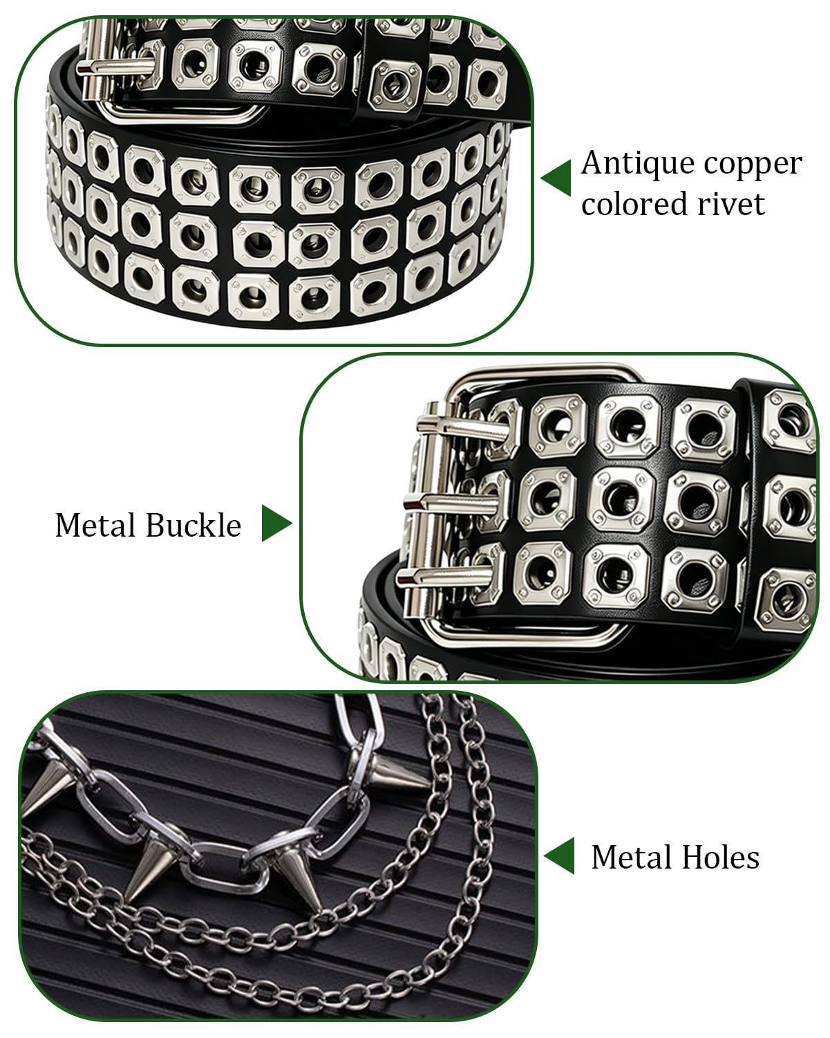KRLBZER Studded Belt Y2K Spiked Chain and Riveted Leather Punk Goth Belts for Punk Rock Fashion Gothic Style Waistband (4Pcs)