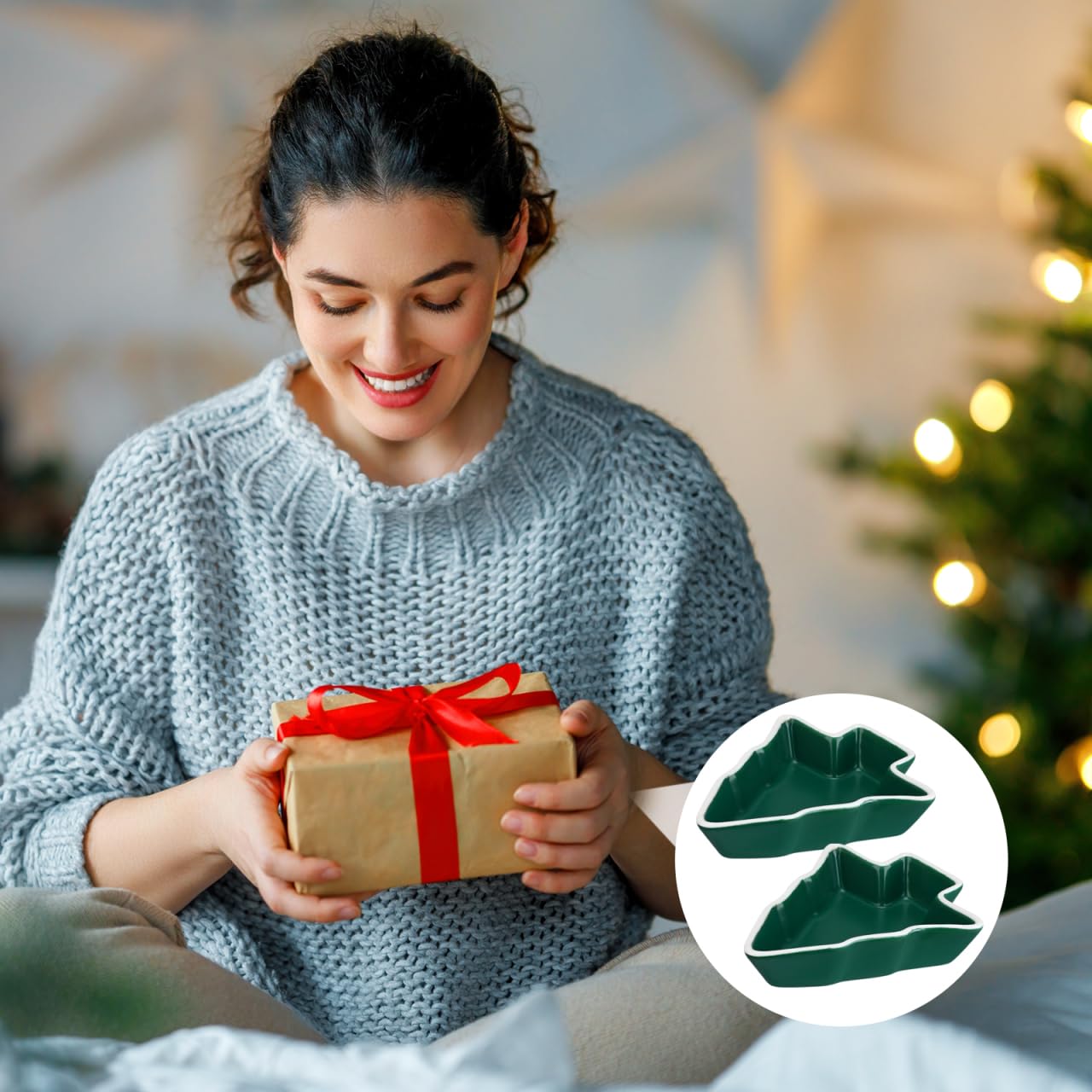 Garneck 2Pcs Christmas Tree Shaped Snack Plates Ceramic Dark Green Xmas Candy Trays for Snack Dry Fruit Christmas Winetr Holiday Party Daily Use