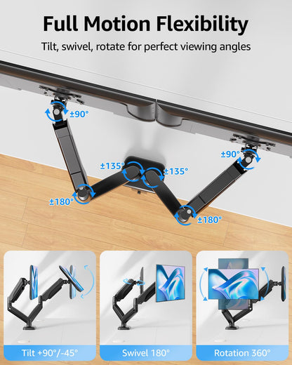 MOUNTUP Dual Monitor Stand for Desk, Pneumatic Monitor Arms for 2 Monitors Max 32 Inches, Height Adjustable Double Monitor Mount, VESA Mounts with C-Clamp & Grommet Base, Holds 4.4-17.6lbs, Black