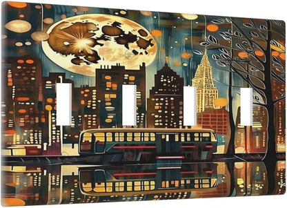 City Light Moon Bus Abstract Art Light Switch Covers Quad Toggle 4 Gang Wall Plate Decorative Switchplate Electrical Faceplate for Farmhouse Bathroom Living Decor