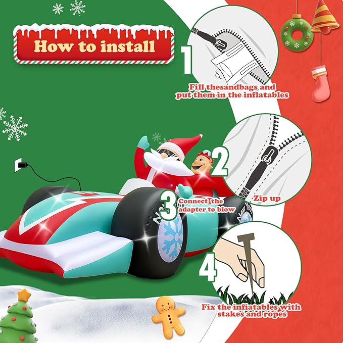 10FT Giant Christmas Inflatables Outdoor Decorations Xmas Racing Car Blow Up Yard Decorations with Built-in LED Lights for Garden Lawn Outdoor Yard Winter Holiday