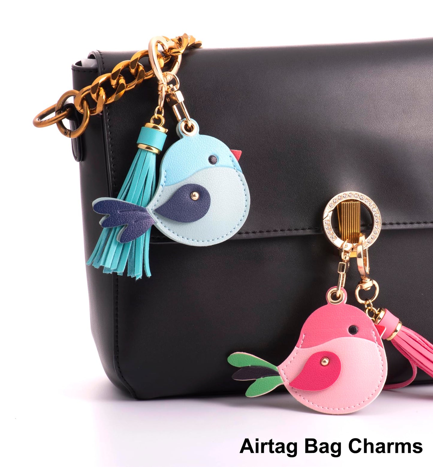 YOU WIZV Airtag Keychain Cute Bag Charms 2pc,Pink Leather Bird Purse Charms with Tassel Keychains, Couple Funny Car Key Chain Accessories