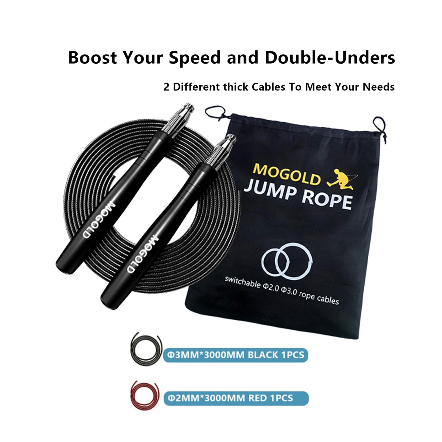 Mogold 10ft Workout Jump Rope Length Adjustable - Boxing Jump Rope with Metal Grip & 2.0mm 3.0mm Thick Cable,Self-Locking Tangle-Free, Best Cardio & Endurance Training