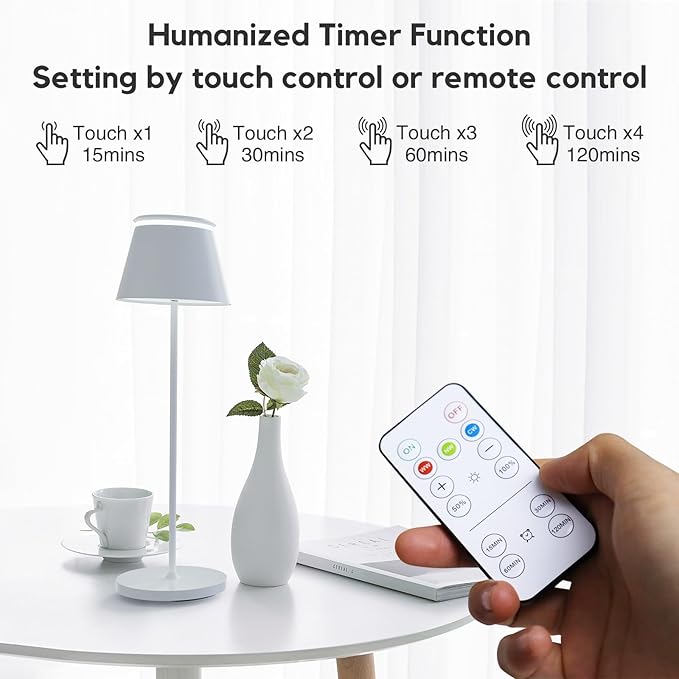 Cordless Table Lamp Rechargeable Set of 2,Battery Operated Desk Lamp 5000mAh,Waterproof Touch Dimmable Light with Remote,3 Color Stepless Dimming Up,for Bedroom/Office/Bars/Camping. (White)