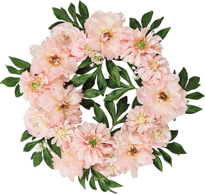 WELL KNOWN Artificial Silk Peony Flower Wreath, Fall Winter Wreaths for Front Door Porch, Wreath for Home Office Shops Wall Hanging Window Wedding Farmhouse Thanksgiving Party Decor (Blush Pink)