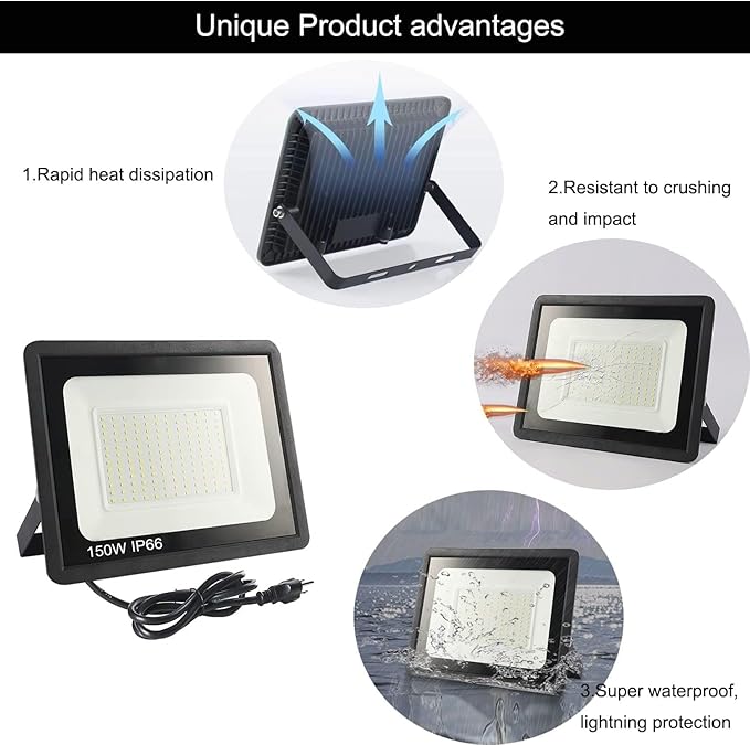2 Pack-250W LED Flood Light Outdoor,30000LM LED Work Light with US Plug,6000K Daylight White,IP67 Waterproof Outdoor Floodlights for Yard,Garden,Playground