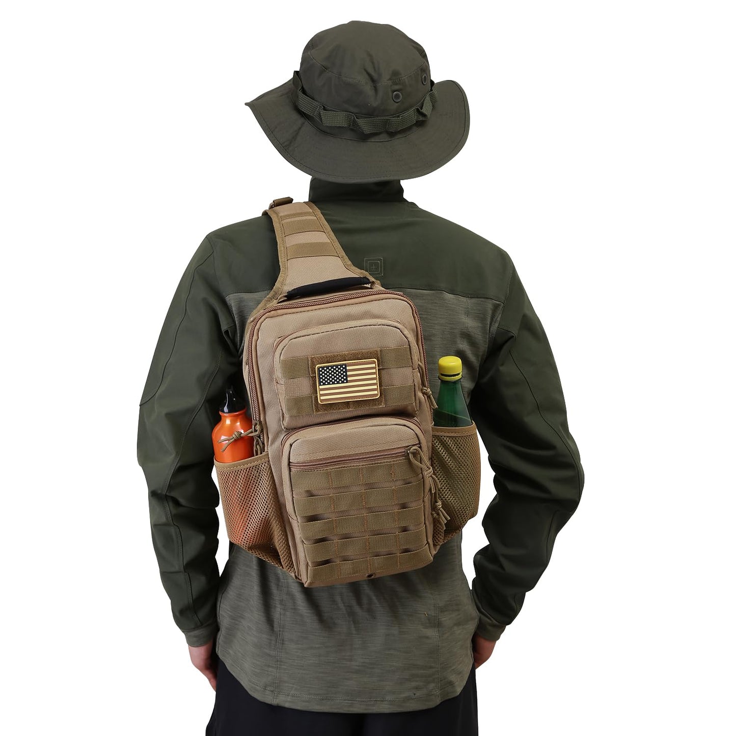 Rover Sling Pack Tactical Shoulder Sling Bag Backpack with Bottle Holder Crossbody Chest Bag, Coyote