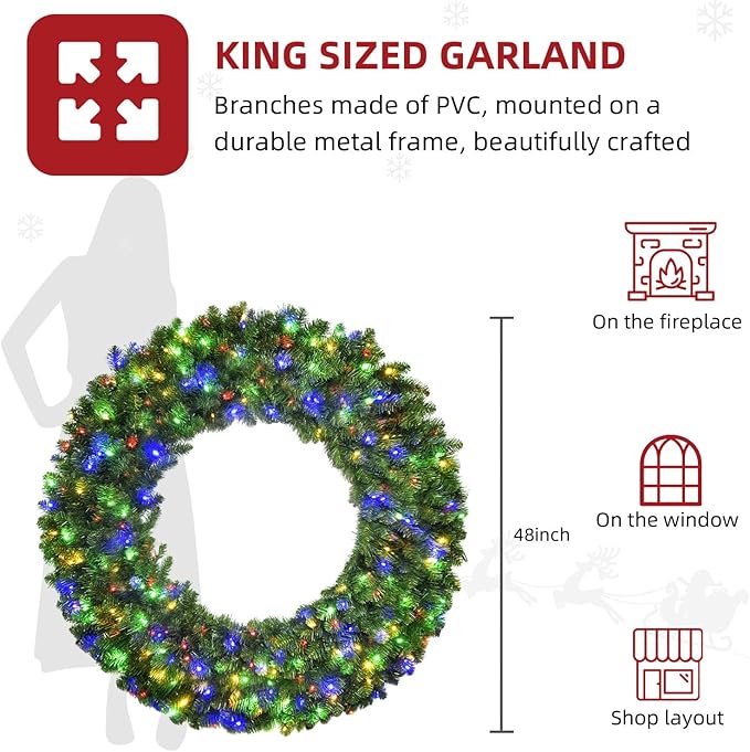48in Large Christmas Outdoor Wreath - HOYECHI Lighted Wreaths Holiday Decor, Outdoor Wreath with 210 Colorful LEDs,714 PVC Tips, Metal Hook, 9 Functions, Timer, Power Plug-in, Remote Controls