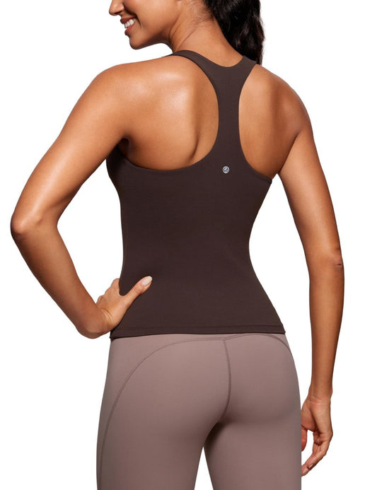 CRZ YOGA Butterluxe Workout Racerback Tank Tops for Women - Padded Athletic Spandex Yoga Shirts with Built in Bra Hot Fudge Brown X-Large