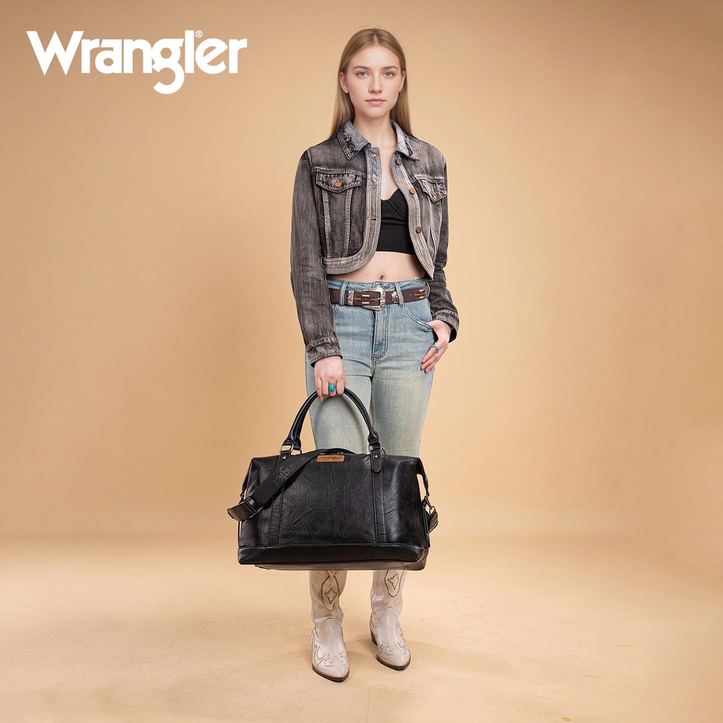 Wrangler Duffel Bag Large Travel Weekender Bag for Women Waterproof Carry on Overnight Bag for Gym,Trips,Weekends,Black