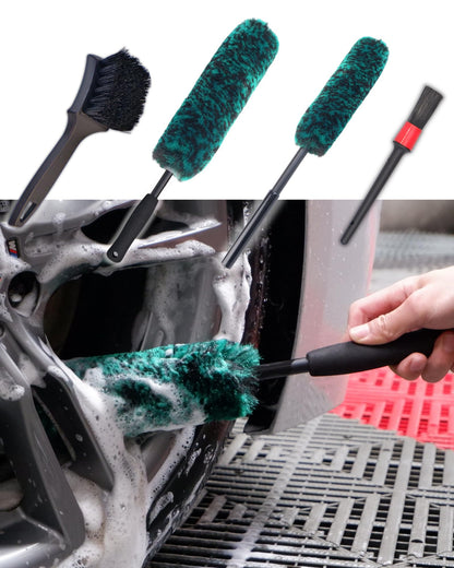 oesee Professional 4 Pack Long Handle Wheel Brush Kit for Cleaning Wheel and Tire- 2X Soft Wheel Cleaning Brush, Detailing Brush and Stiff Tire Brush, Bendable& Durable Wheel Rim Cleaner Brush Set