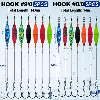 Alwonder 5-Pack Catfish Float Rigs, Catfishing Tackle Bobbers High Buoyancy Body with 8/0 Circle Hooks, Green Chunky Rigs Catfish Equipment Cat Fishing Gear Rig for Bank Fishing