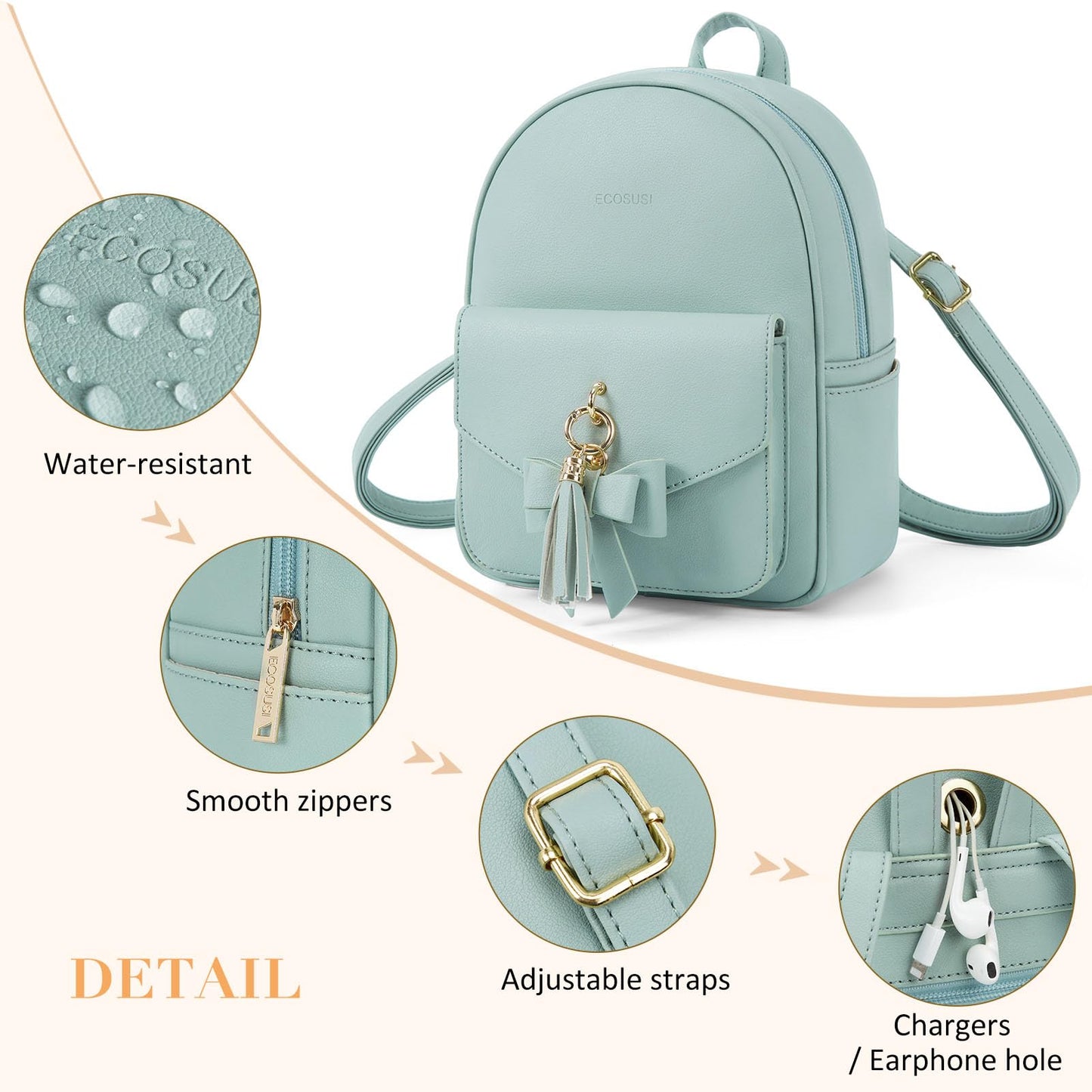 ECOSUSI Mini Backpack for Women Girls Cute Bowknot Small Backpack Purse Ladies Leather Bookbag Satchel Bag, with Charm Tassel Green