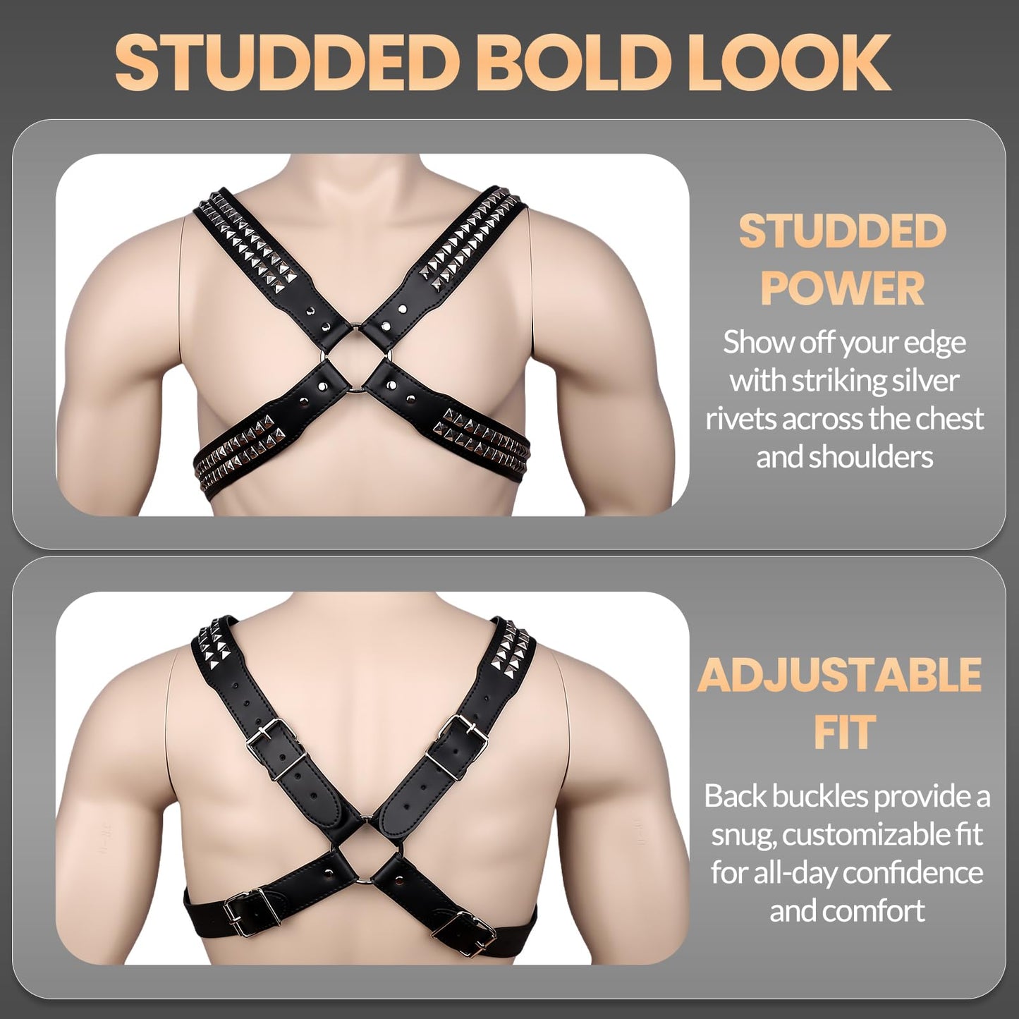Men's X-Strap Chest Harness with Rivets, Adjustable PU Leather Body Harness Belt for Punk Cosplay, Muscle Show Clubwear Nightclub Stage Party Outfits X023
