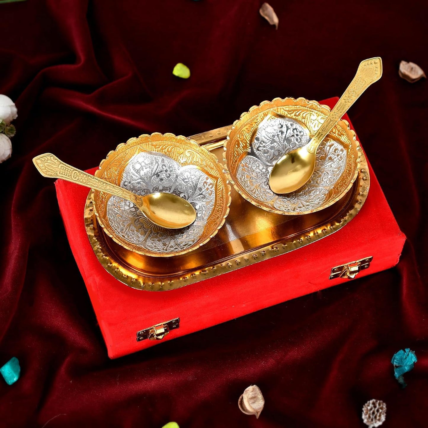 NOBILITY Bowl Spoon Tray Set Gold and Silver Plated Light Weight with Gift Box Dessert Dry Fruits Serving Gift Items Diwali Christmas Eid Wedding Return Home Decoration Gifts