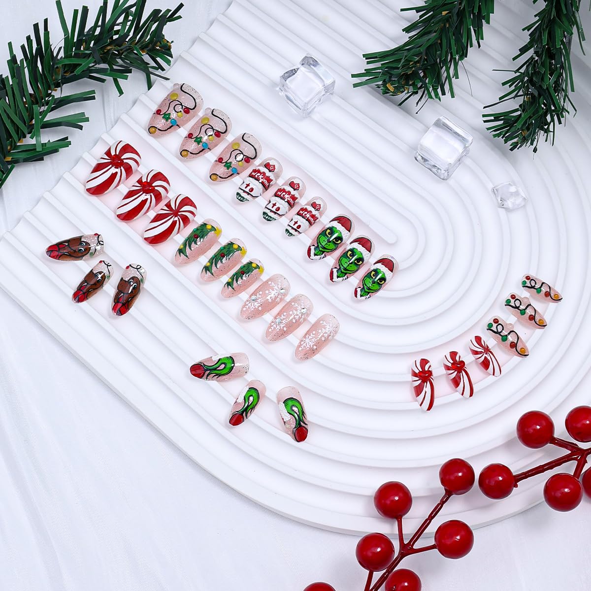30Pcs Christmas Press on Nails Medium Almond Fake Nails 3D Rhinestones Xmas Tree Lamp Strip Design Handmade False Nails Cute Monster Acrylic Nail Snowflake Gems Glue on Nails for Women Winter Manicure