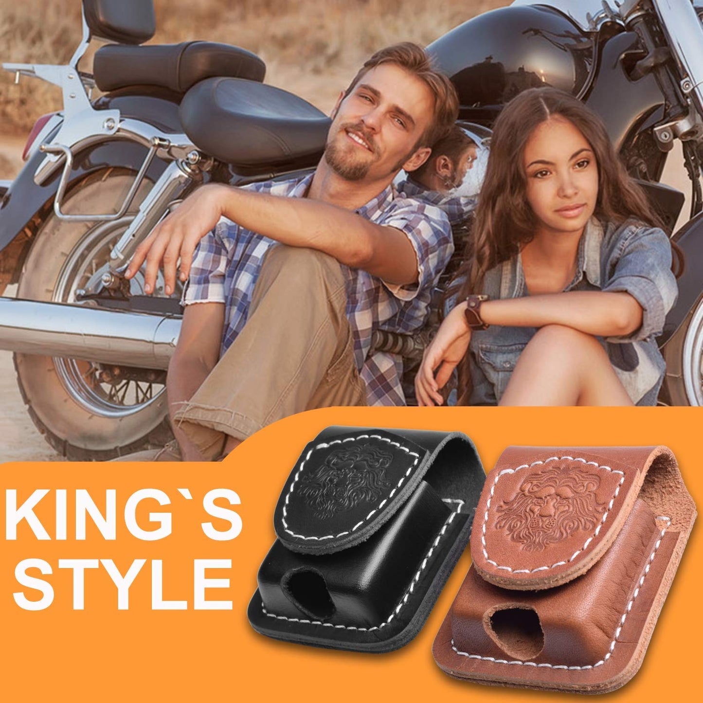 Handmade Fliptop Leather Lighter Pouch Holder Case with Pocket Belt Loop (Lion-Black)