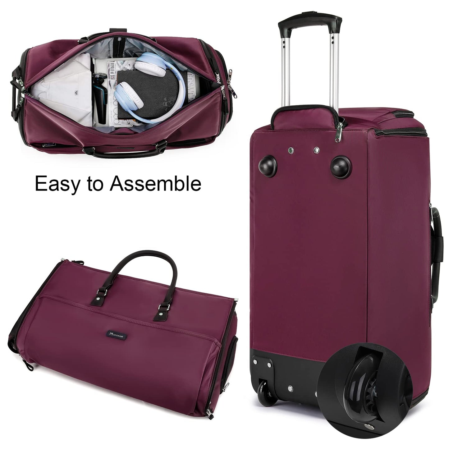 Modoker Rolling Garment Bags, Large Garment Duffle Bag with Wheels, 3 in 1 Garment Suit Luggage Bag for Women Men Business Travel Weekender, Red