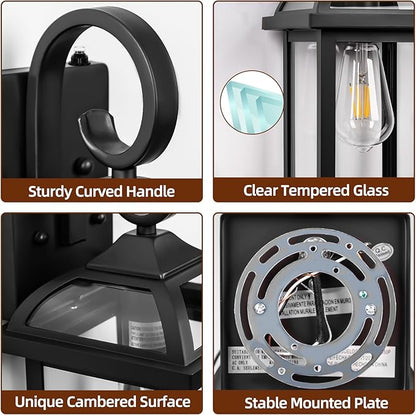 2-Pack Outdoor Wall Lights Dusk to Dawn, 15 Inch Aluminum Anti-Rust Exterior Light Fixture with IP65 Clear Tempered Glass Large Outside Wall Sconce Lanterns for House Matte Black