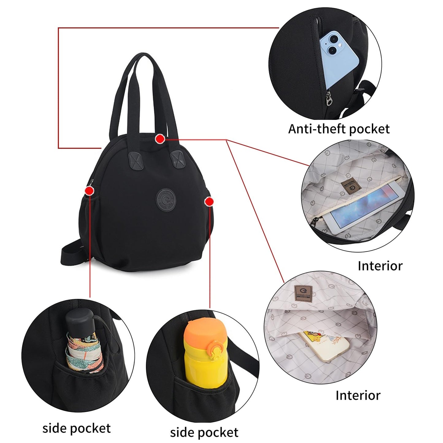 NOTAG Casual Backpack Purse for Women Shoulder Bag Waterproof Nylon Anti-theft Large Purse Shoulder Hobo Bags Travel Work (Black-S)