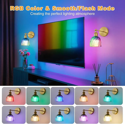 Vintage Battery Powered Cordless Wall Sconce Set of 2, Battery Wall Sconce with Green Glass Lampshade, Rechargeable Battery Powered Wall Lights with Remote Control for Bedside Bedroom Doorway