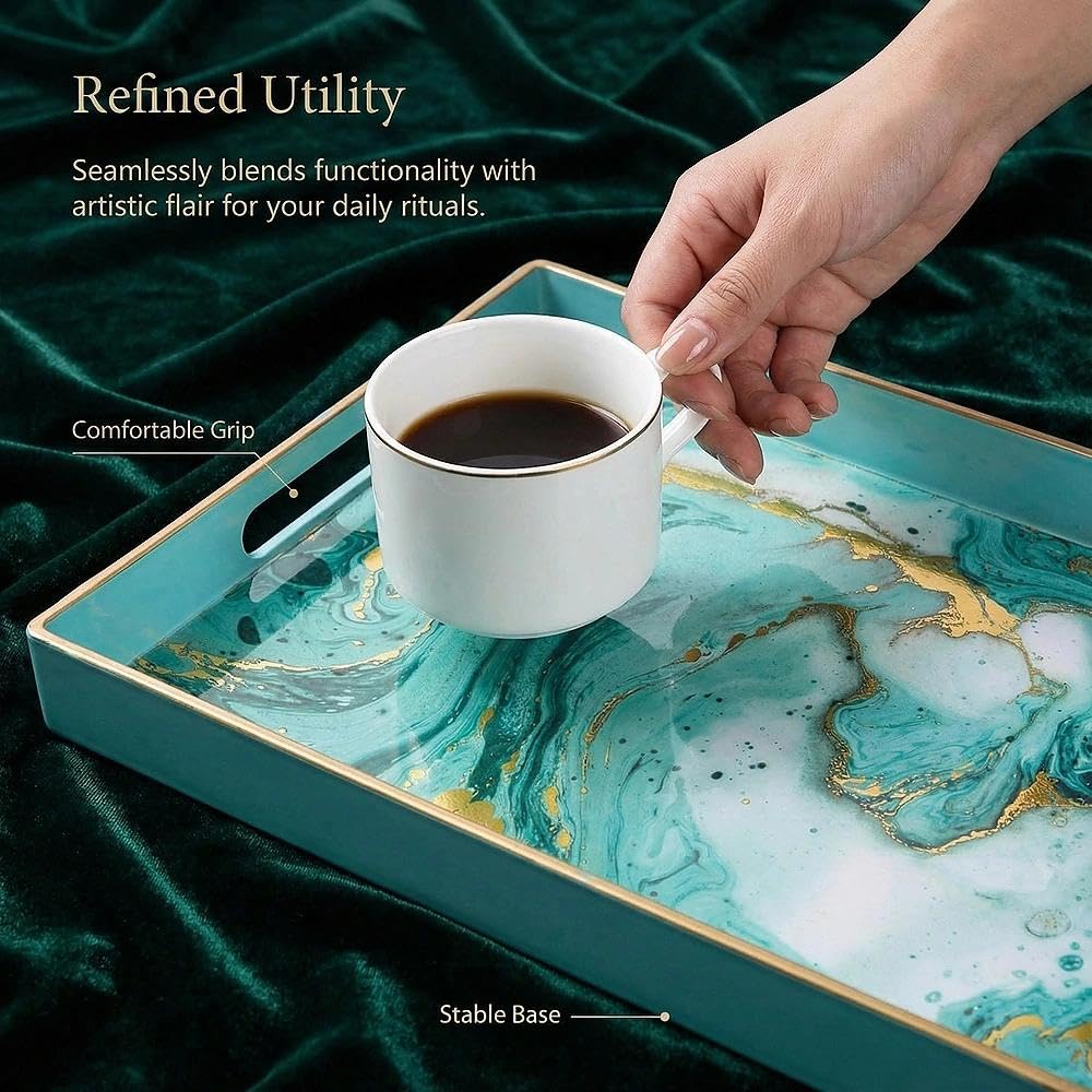 Zosenley Decorative Tray, Marbling Plastic Tray with Handles, Rectangular Vanity Tray and Serving Tray for Bathroom, Kitchen, Ottoman and Coffee Table, 15.6" x 10.2" (Golden Blue)
