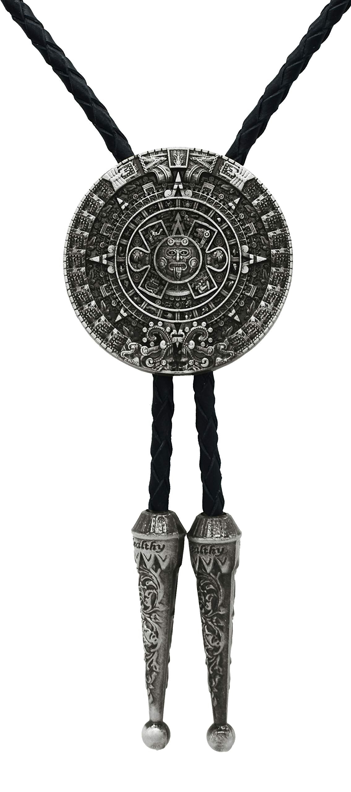 Moranse Bolo tie With Pewter Aztec Calendar Circle Design Cowboy Two Colors (Silver)