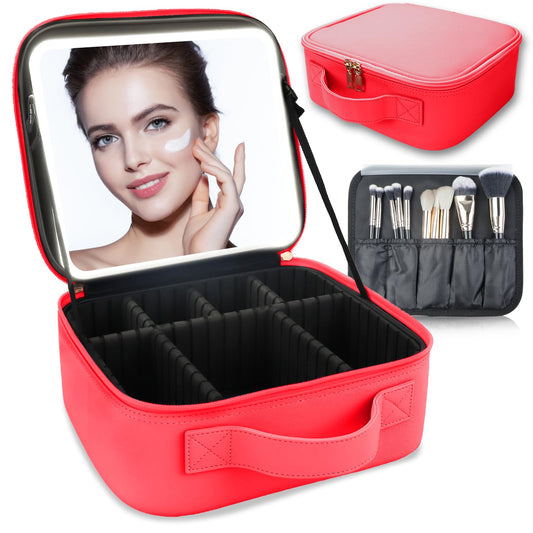 SUILU Makeup Bag with Led Mirror,with 3 Color Setting,Portable Storage and Adjustable Dividers Travel Makeup Bag, for Women and Makeup Artists Large Vanity Makeup Cases-Light Red