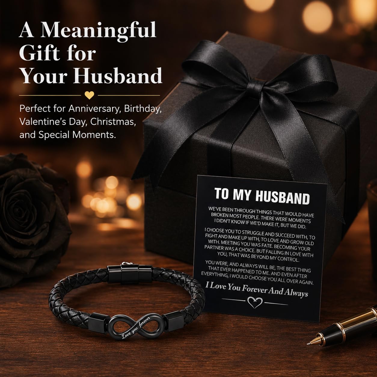 To My Husband Bracelet, Stainless Steel Engraved Love You Forever Black Braided Leather Promise Wristband Bracelets With Encouragement Message Card Anniversary Birthday Jewelry Gift (Husband Infinity-21)