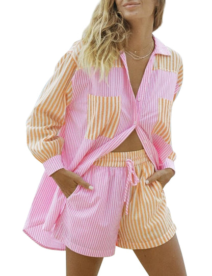 SAFRISIOR Women’s 2 Piece Casual Tracksuit Outfit Sets Stripe Long Sleeve Shirt And Loose High Waisted Mini Shorts Set