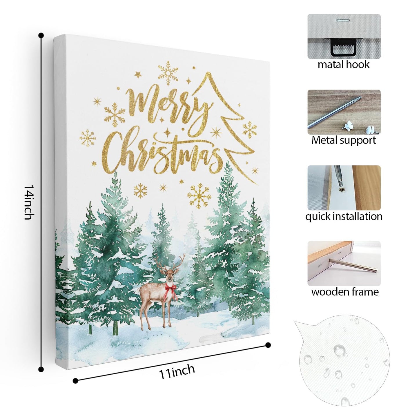 Christmas Wall Decor, Merry Christmas Woodland Reindeer Wall Art Poster, Christmas Tree Pictures Wall Decor for Living Room Bedroom, Christmas Wall Decorations, 11x14 Inch Framed