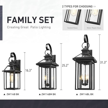 zeyu 2-Light Porch Wall Mount Light, 25.2'' Outdoor Porch Lantern Wall Mounted for House in Black Finish, Die-Cast Aluminum with Water Ripple Glass, ZW114BM BK-SW