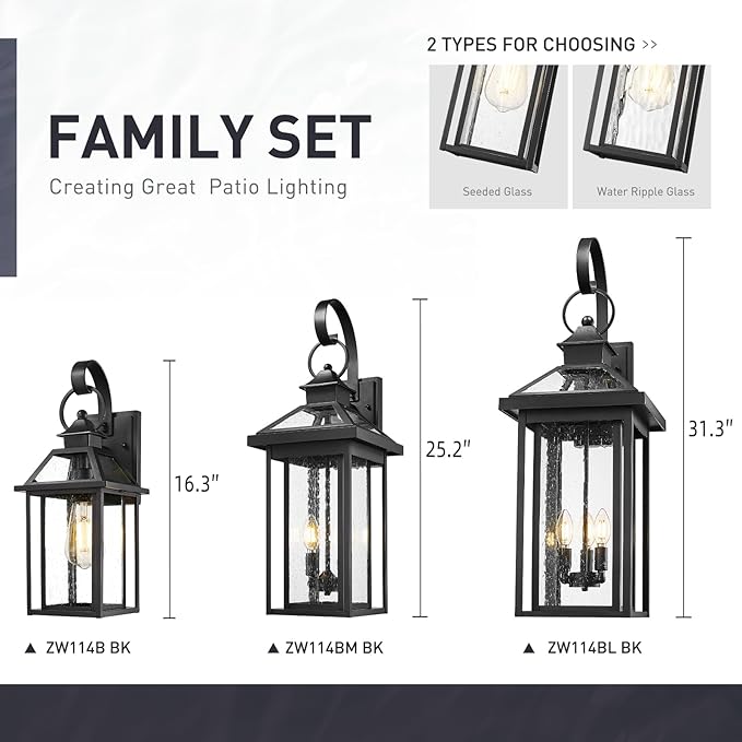 zeyu Medium Outside Wall Light Fixture, 25.2'' Industrial Porch Wall Light for Garage in Black Finish, Die-Cast Aluminum with Seeded Glass Shade, ZW114BM BK