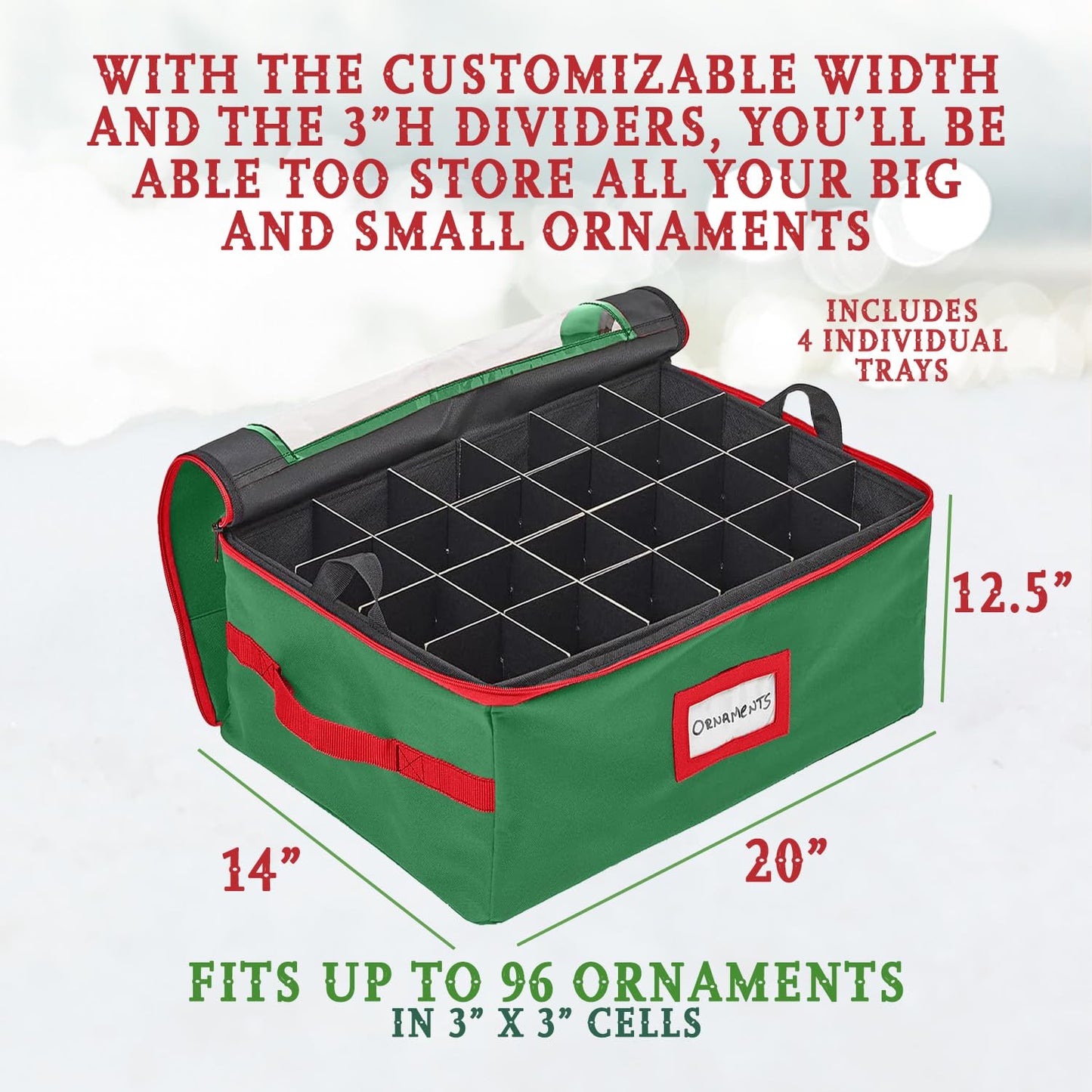 HOLDN’ STORAGE Christmas Ornament Storage Box with Dividers - Fits 96-3” Ornaments, 4 Removable Trays, Durable & Space-Saving, Clear Top Lid, Convenient Storage Designed, Green