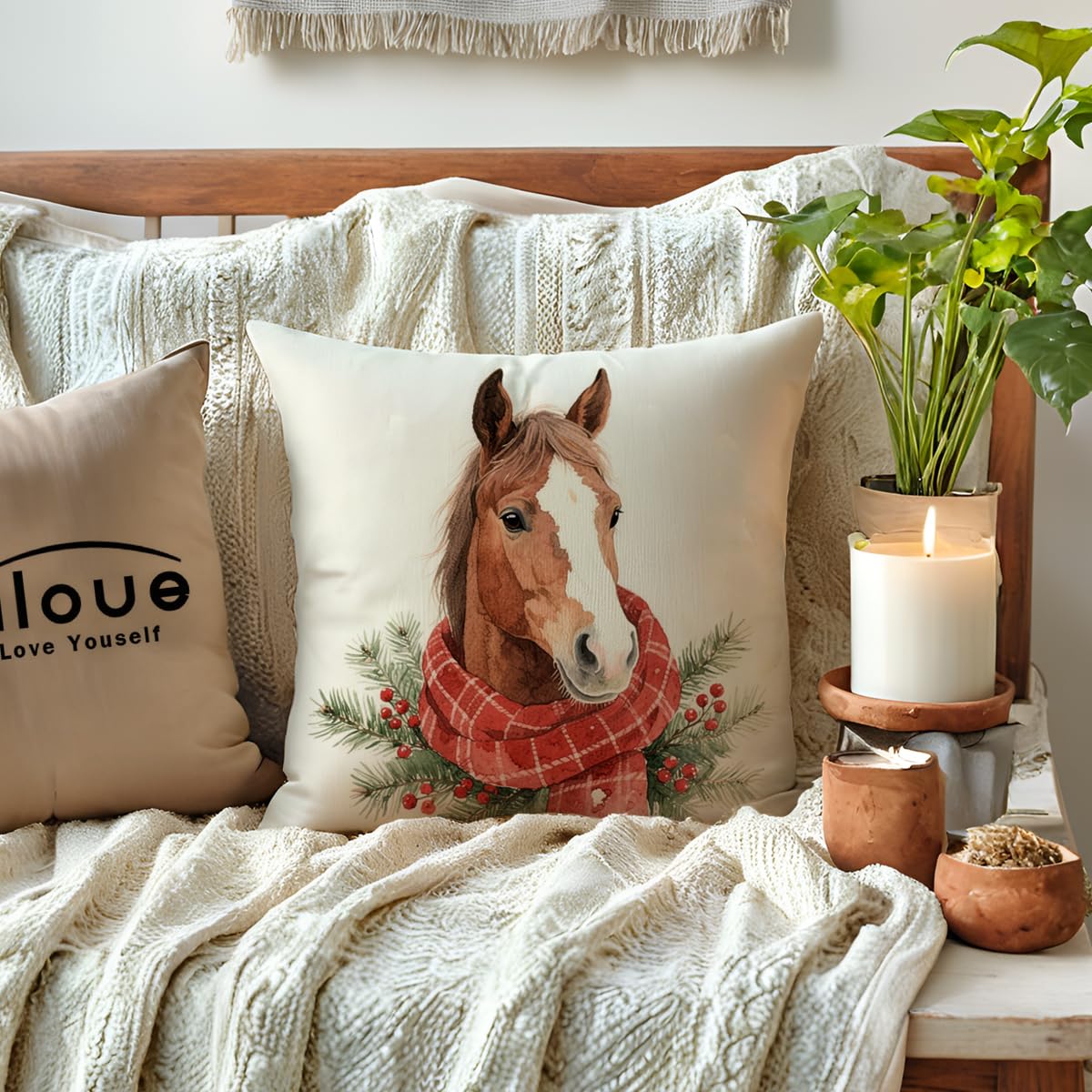 2Pack Christmas Horse Throw Pillowcases with Red Scarf Holly Berries Cushion Cover Winter Holiday Rustic Farmhouse Decorative Pillow Covers 18 x 18 Inches for Seasonal Sofa Couch Porch(Red)