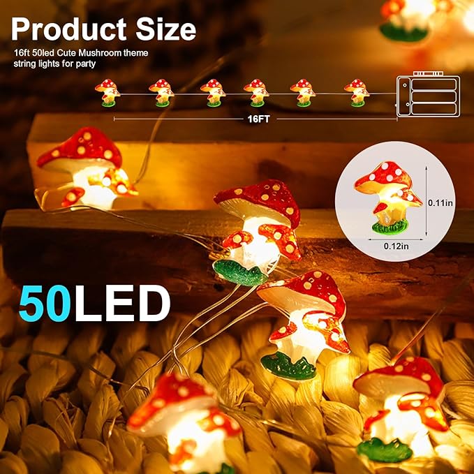 Mushrooms Decor String Lights, 16 ft 50 LED Battery Operated Fairy Lights Cute Mushroom Lamp for Bedroom Indoor Outdoor Lawns Garden Holiday Party Decorations (1 Pack)