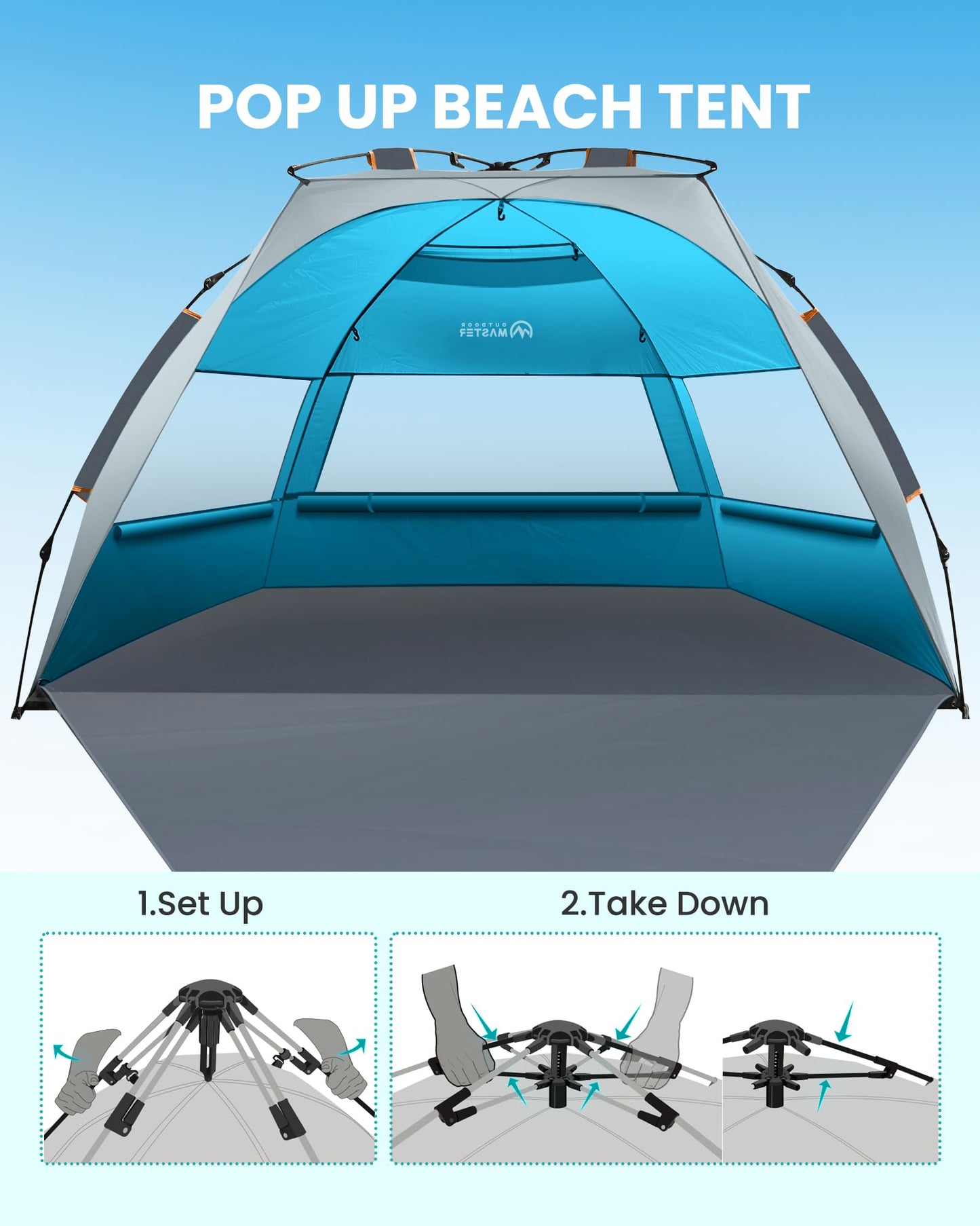 OutdoorMaster Pop Up Beach Tent for 4 Person - Easy Setup and Portable Beach Shade Sun Shelter Canopy with UPF 50+ UV Protection Removable Skylight Family Size - Ocracoke Coast