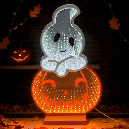 DUOMY DÉCOR LED Halloween Pumpkin Light, Cute Neon Pumpkin and Ghost Sign Decor,11.57 Inch Halloween 3D Infinity Lights with USB Powered for Table, Room, Party Decoration