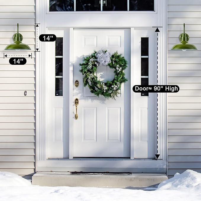 2 Pack Outdoor Gooseneck Barn Light with 14 Inch Dome, Farmhouse Exterior Wall Lights for Porch, Olive Green Patio Wall Lighting for House, Garage