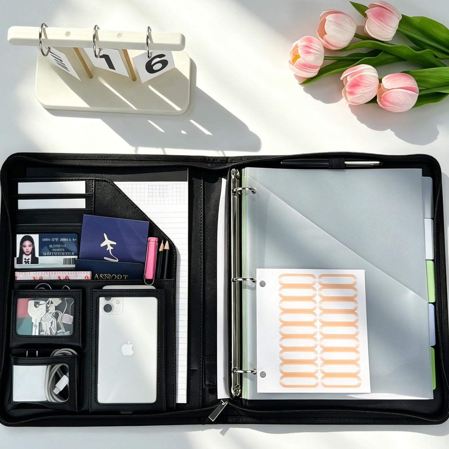 KLLVE Clipboard with Storage for Men Women, Leather Padfolio Portfolio with Zipper, 1 Inch 3 Ring Binder 5 Dividers, Notepad for Letter Size, Elastic Closure and Pen Loop, Card Slot Black