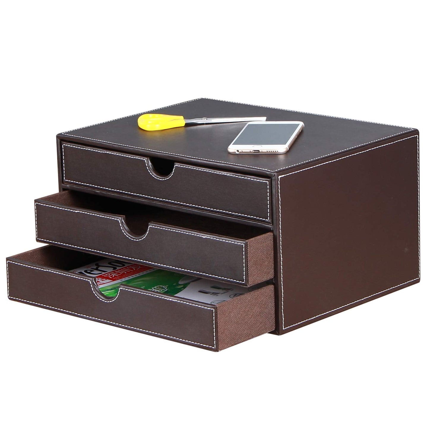 RHCSZ Stackable 3-Drawer Desk Organizer, Executive Office Supplies Desktop Filing A4 File Cabinet/Holder, Leather Storage Box for Document/Paper/Home Decor Accessories (brown)…