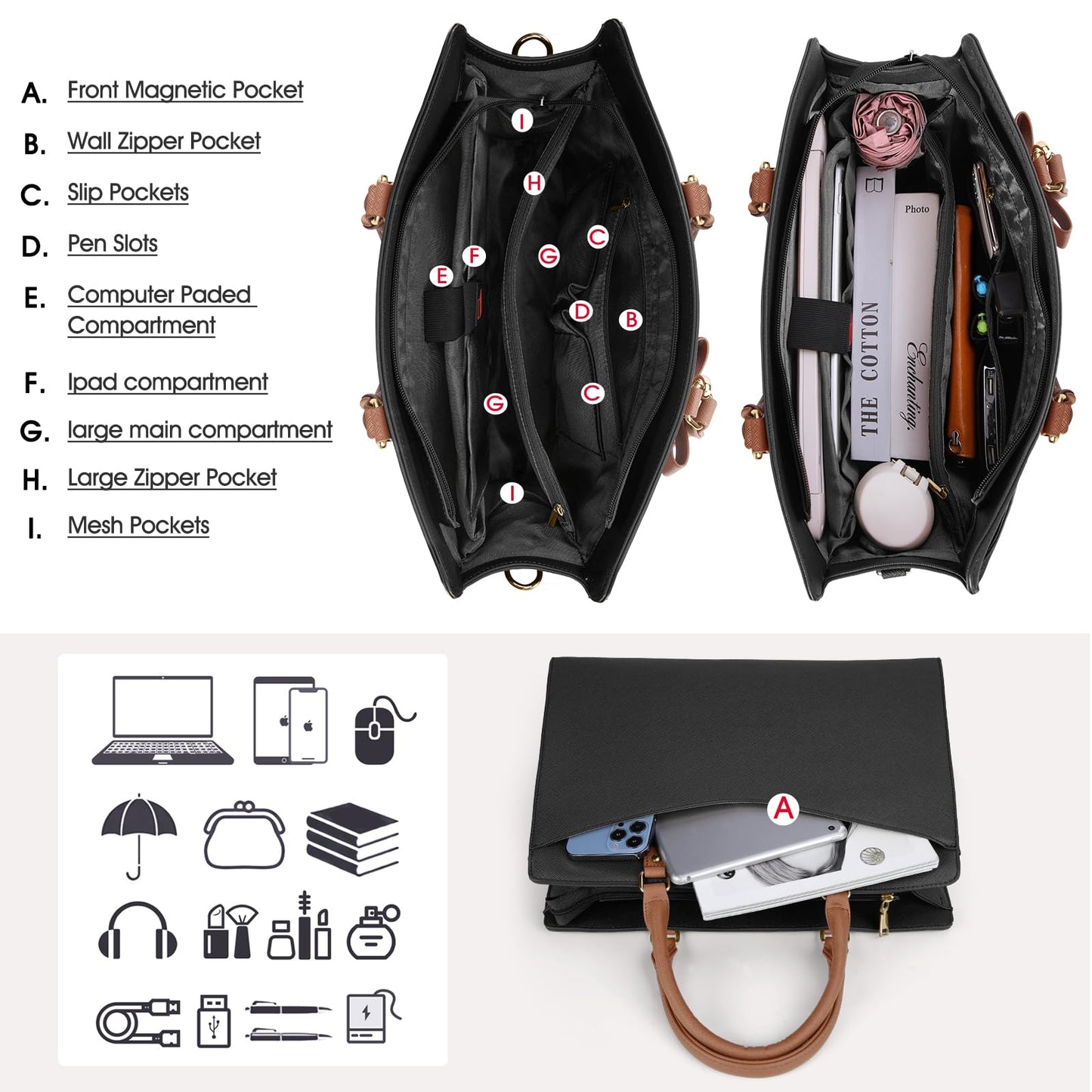 RAINSMORE Laptop Bag for Women 15.6 Inch PU Leather Laptop Tote Bag Professional Business Office Briefcase Waterproof Work Bag Computer Tote Bag Large Lightweight Handbag Shoulder Bag
