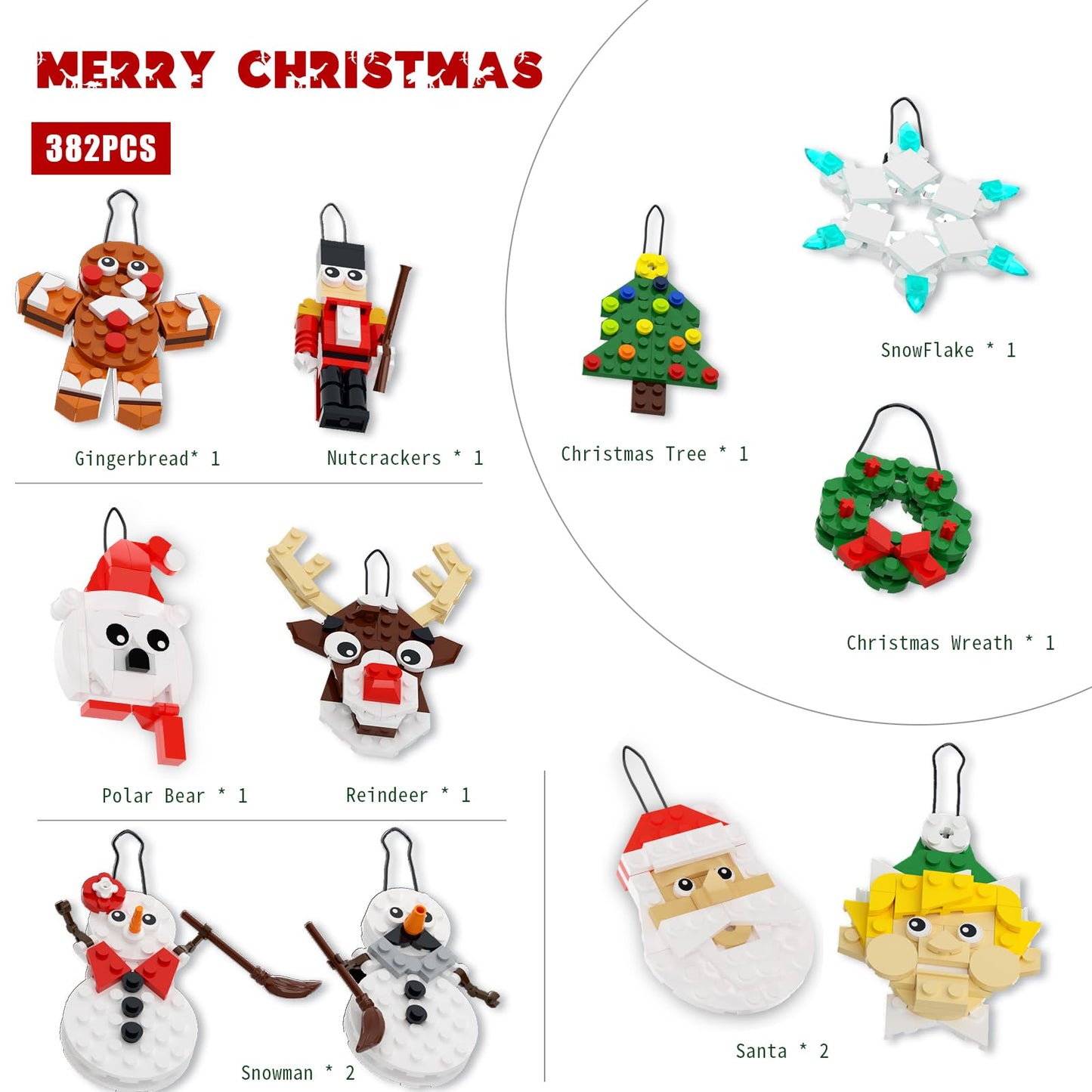 Tenhorses Christmas Tree Ornament 11-in-1 Building Sets, Wreath, Santa, Snowman, Nutcracker, Polar Bear, Gingerbread, Reindeer, Snowflake, Hanging Christmas Decor Toys Gift for Girls Boys or Kids.