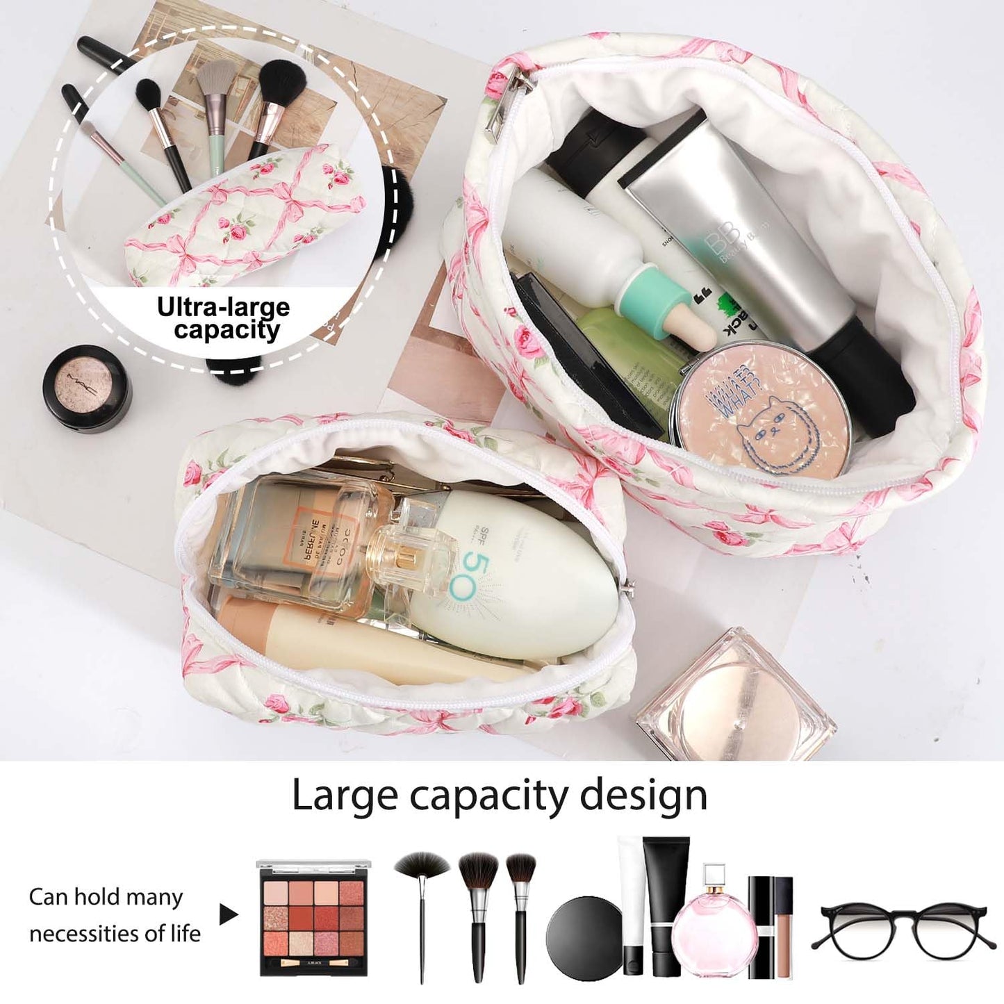 EIMMBD Makeup Bags 3 Pieces Large Capacity Floral Cosmetic Bag Travel Toiletry Bag Organizer Cute Makeup Bag Pouch Storage Bag for Women(Pink Floral)